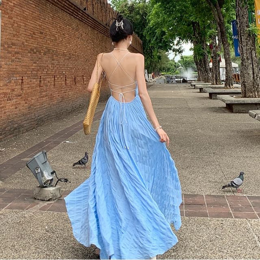 Spaghetti Crinkle Plain Back Maxi Open Square Dress Neck Strap A-Line