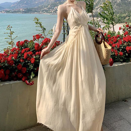 A-Line Frill Back Ruched Plain Dress V-Neck Maxi Open Halter Trim