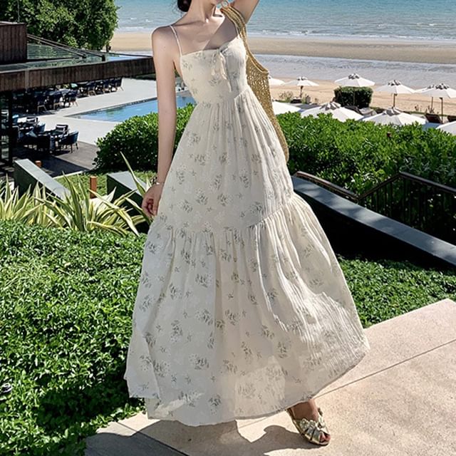 Maxi Strap Accent Square Floral Back Neck Bow Print Spaghetti Open Dress A-Line