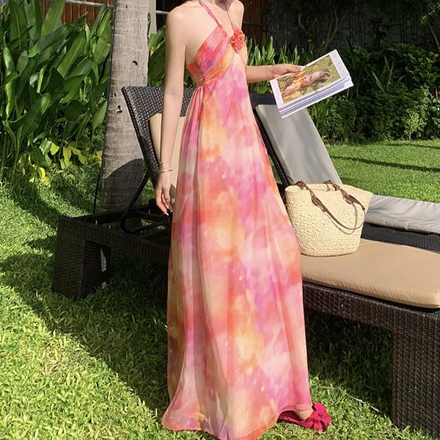 Dress Dye Neck Ruched Halter Open Floral Back A-Line Accent Maxi Tie