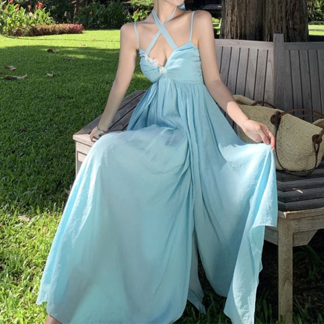 Halter Ruched Plain Back Floral Maxi A-Line Accent Neck Layered Open Dress