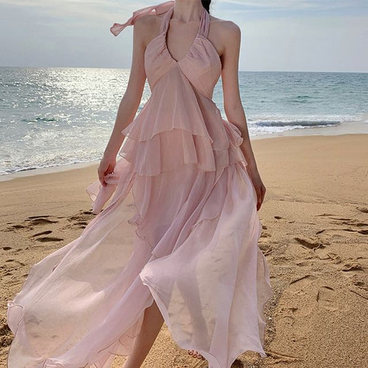 Rise Halter Back V-Neck Asymmetrical + Open Top A-Line Plain Skirt Set: High Ruffle Layered