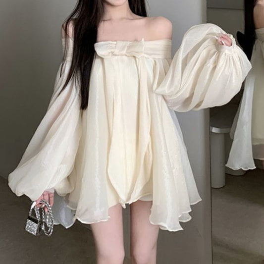 Accent Plain Off-Shoulder Dress Long-Sleeve Bow Ruched Tunic