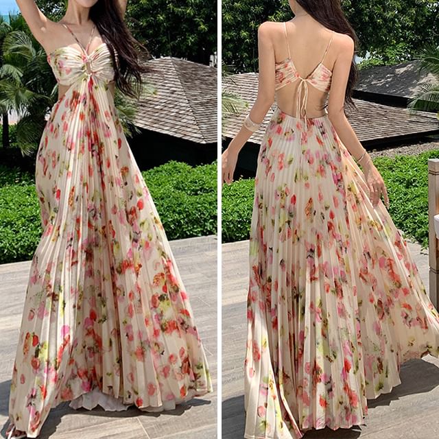 Open A-Line Pleated Floral Print Dress Back Neck Cutout Halter Maxi
