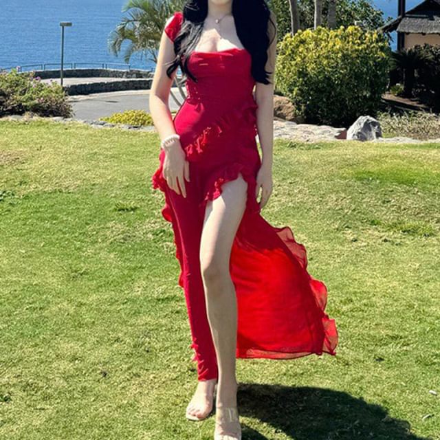 Open Sleeveless Plain Neck Square Dress Back Slit Bodycon Trim Ruffle Maxi