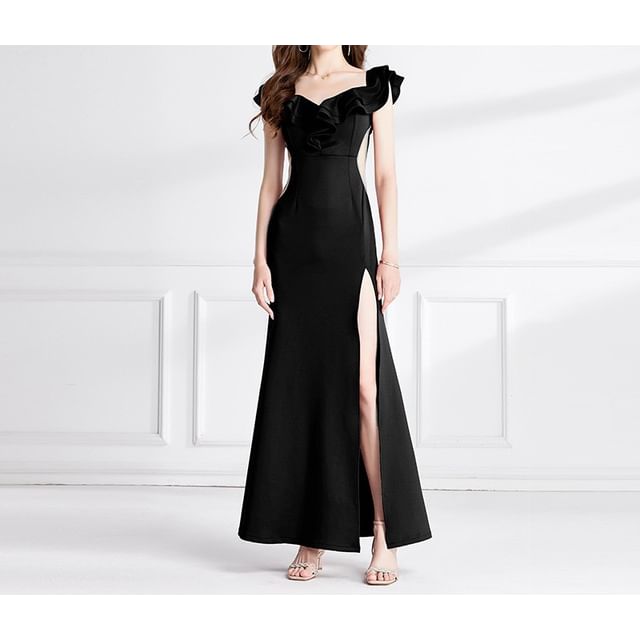 Side-Slit Evening Ruffle Plain Gown Mermaid Short-Sleeve