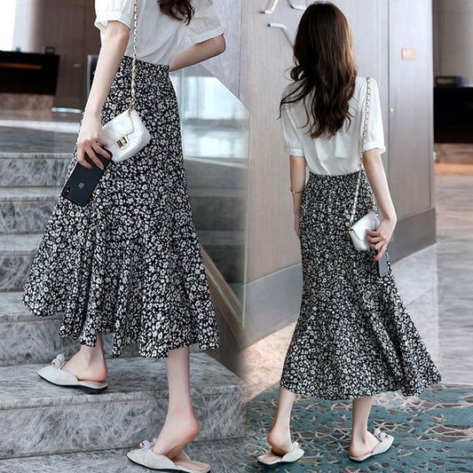 Floral Skirt Waist A-Line Elastic Midi Print