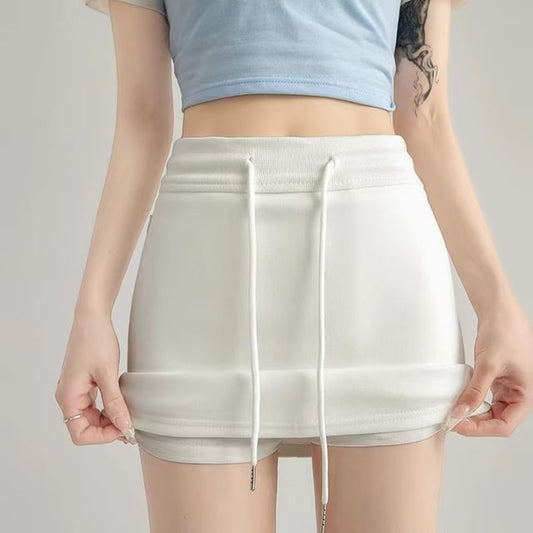 Mini Pencil Waist Skirt Drawstring Plain