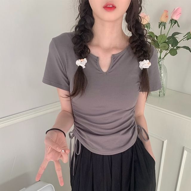 Neck Plain Waist Tee Drawstring Notch Short-Sleeve