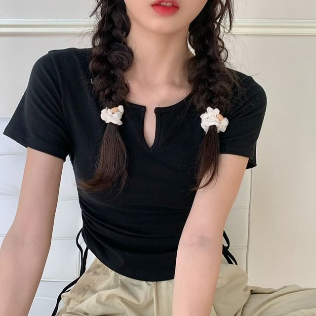 Neck Plain Waist Tee Drawstring Notch Short-Sleeve