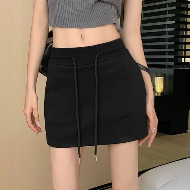 Mini Pencil Waist Skirt Drawstring Plain