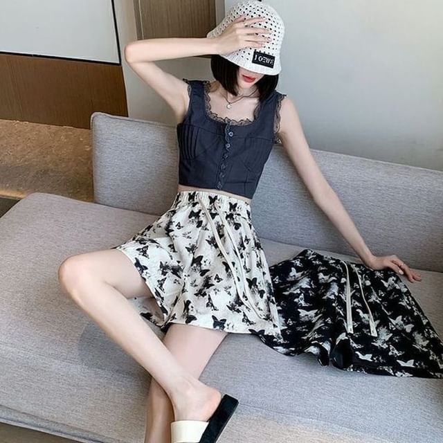Print Waist Shorts Drawstring Butterfly