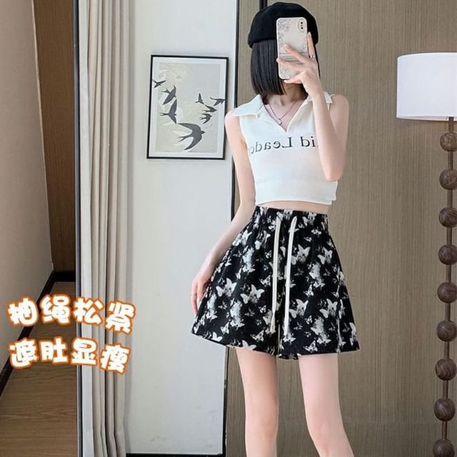Print Waist Shorts Drawstring Butterfly