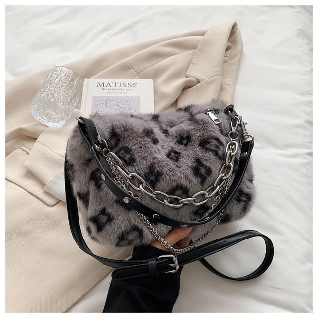 Chain Leopard Bag Crossbody Strap Print Fluffy