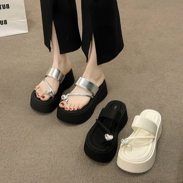 Rhinestone Slide Toe Loop Sandals Heart Platform