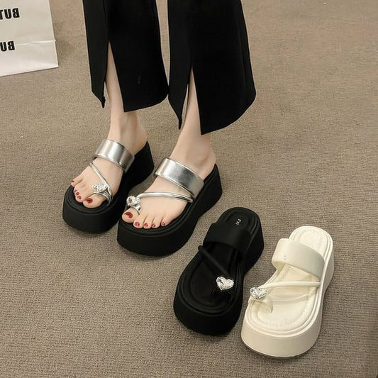 Rhinestone Slide Toe Loop Sandals Heart Platform
