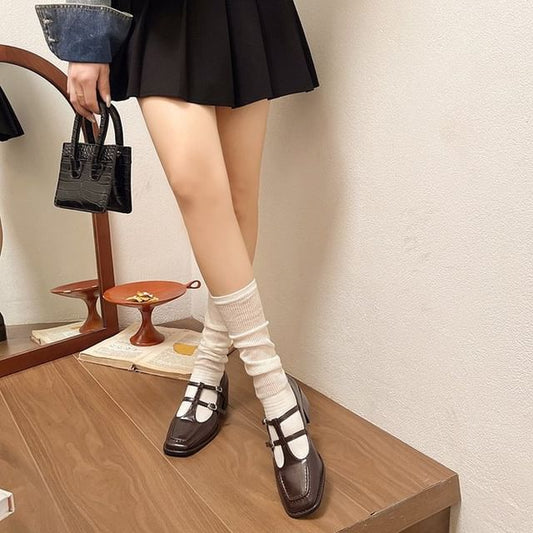 Chunky Pumps Toe Double-Strap Jane Square Mary Heel