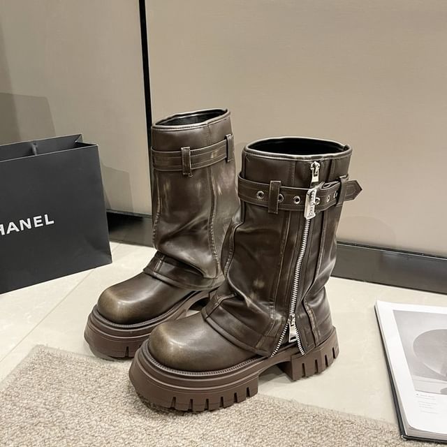 Buckled Mid-Calf Chunky Heel Platform Boots