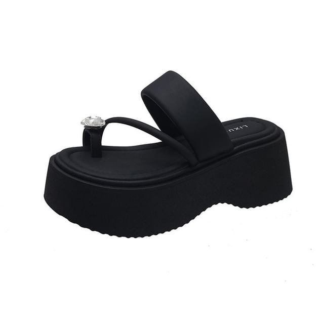 Rhinestone Slide Toe Loop Sandals Heart Platform