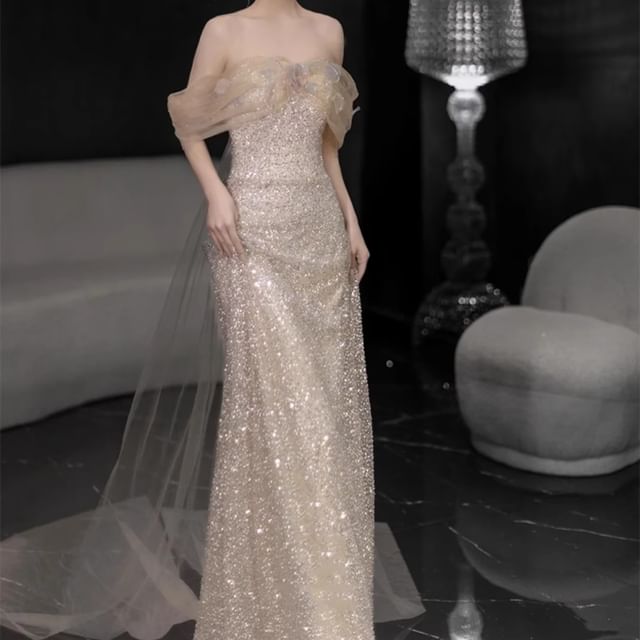 Panel Shoulder Sheer Gown Sequin Off Sheath Evening