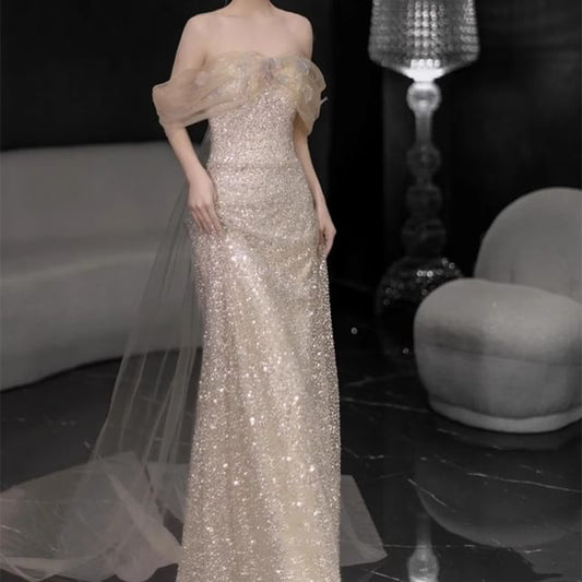 Panel Shoulder Sheer Gown Sequin Off Sheath Evening