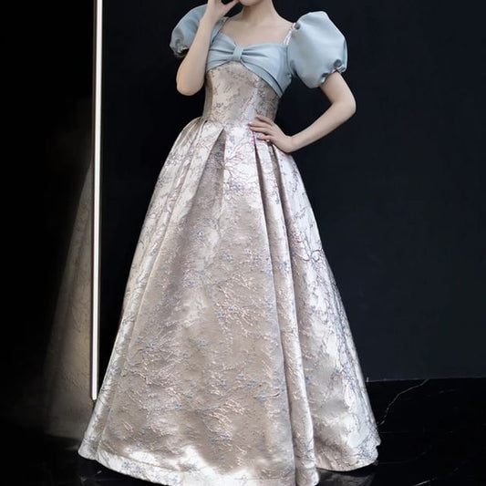 V-Neck Puff Gown Evening Sleeve A-Line Floral