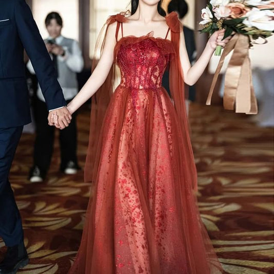 Sequin Spaghetti Embroidered Gown Strap Evening A-Line