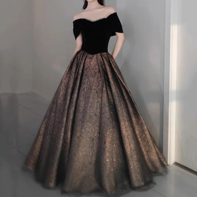 A-Line Tone Gown Sequin Evening Shoulder Off Two