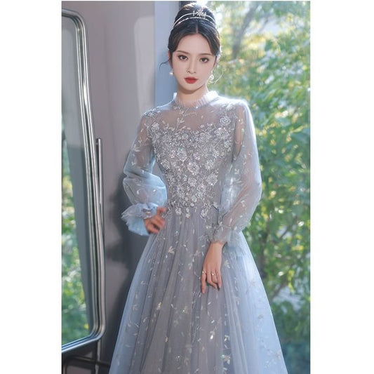 Evening Sequin Embroidered Puff-Sleeve A-Line Flower Gown