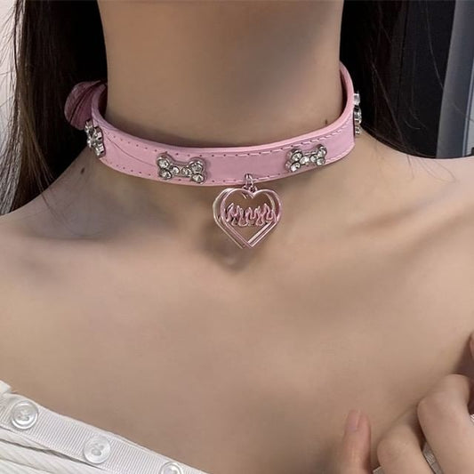 Leather Heart Choker Faux Rhinestone