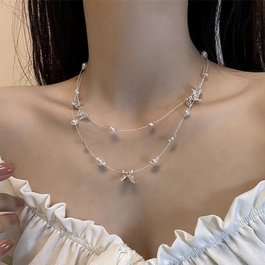 Faux Necklace Butterfly Pearl Layered