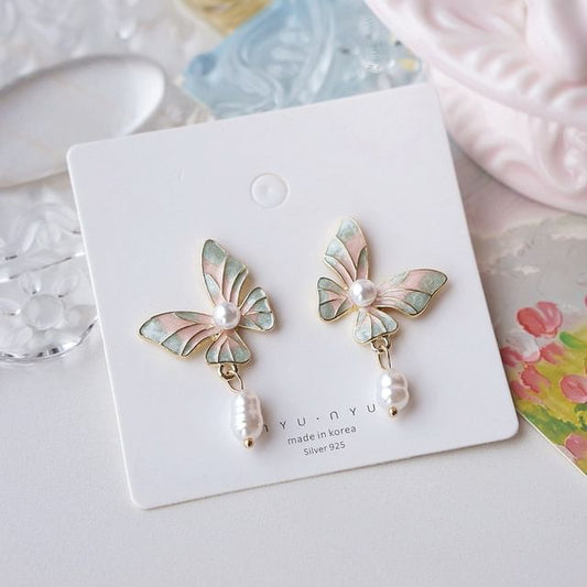 Drop Clip Enamel Earring Butterfly Pearl / On Faux