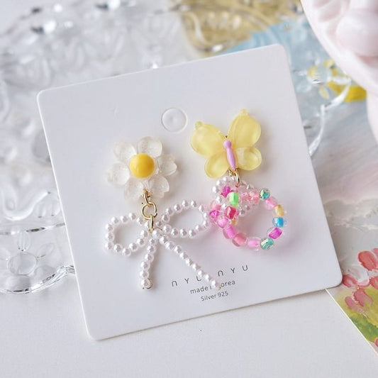 Drop On Clip / Beaded Asymmetrical Flower Earring