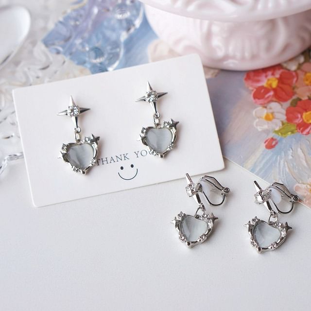 Heart Rhinestone Clip Earring Drop / On