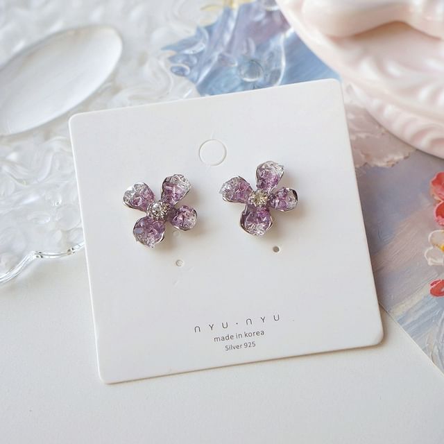 / On Earring Rhinestone Flower Stud Clip