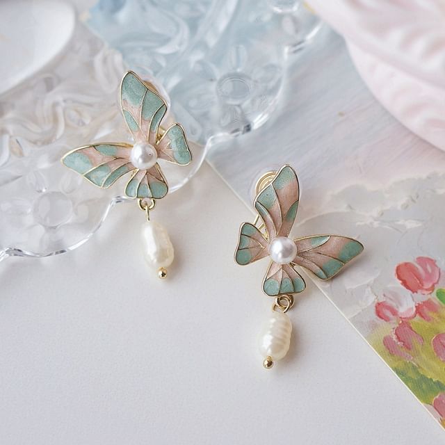 Drop Clip Enamel Earring Butterfly Pearl / On Faux