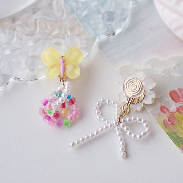 Drop On Clip / Beaded Asymmetrical Flower Earring