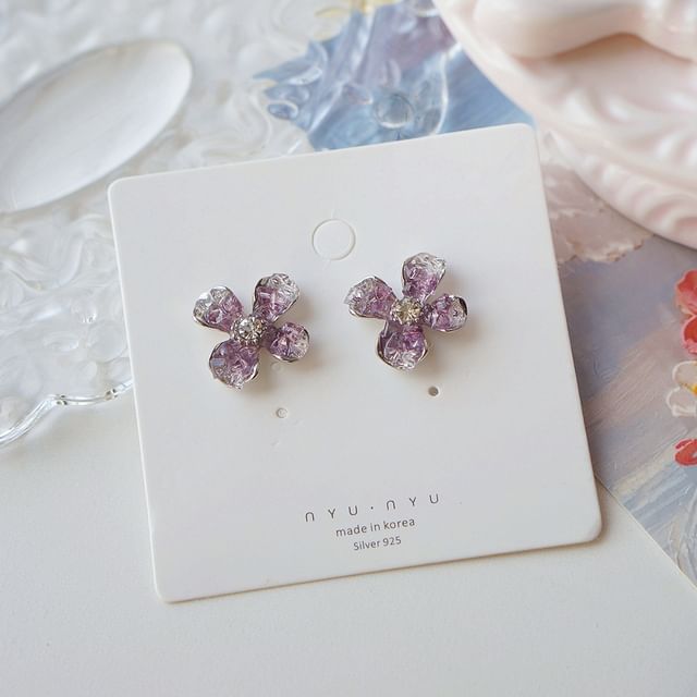 / On Earring Rhinestone Flower Stud Clip