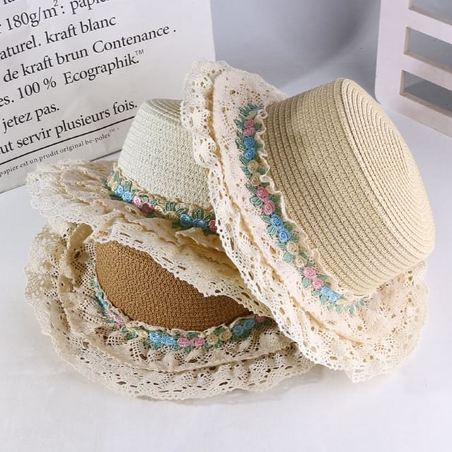 Trim Flower Lace Hat Embroidered Boater