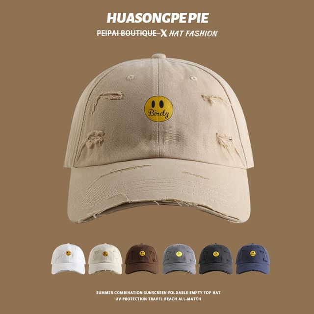 Print Face Baseball Cap Distressed Smiley