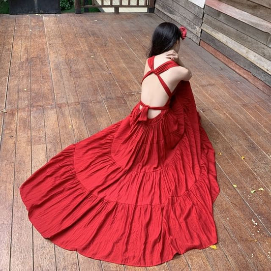 V-Neck A-Line Sleeveless Dress Maxi Plain