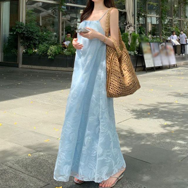 Spaghetti Sundress Maxi Print Strap Leaf