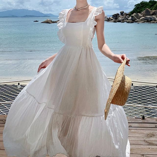 A-Line Open Sleeveless Lace Plain Maxi Trim Dress Back