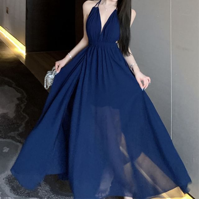 Halter Side-Slit Plain Dress Maxi A-Line