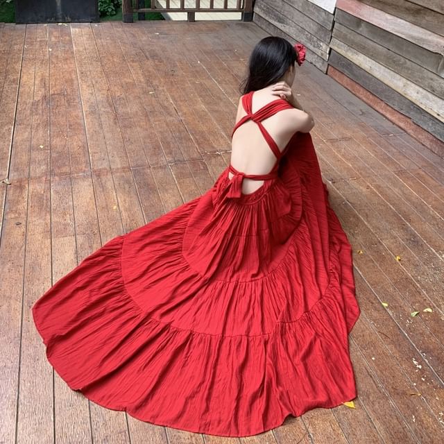 V-Neck A-Line Sleeveless Dress Maxi Plain