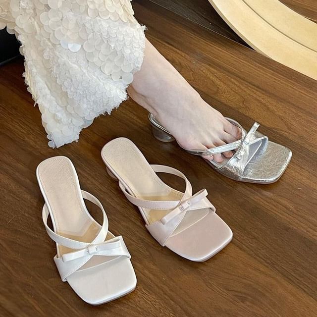 Sandals Square Plain Toe Chunky Bow Leather Faux Heel Accent