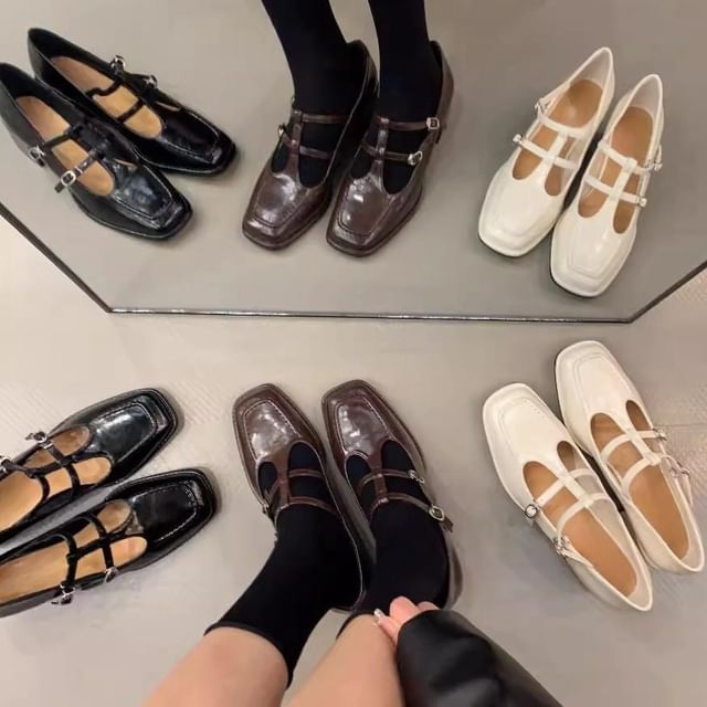 Heel Square Jane Mary Plain Chunky T-Strap Pumps Toe