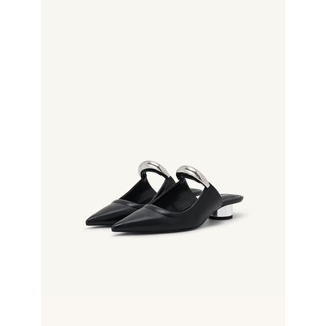 Chunky Pointed Accent Heel Mules Metal Faux Toe Leather