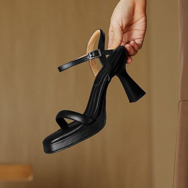 Faux Sandals Toe Strap Square Heel Plain Ankle High Leather