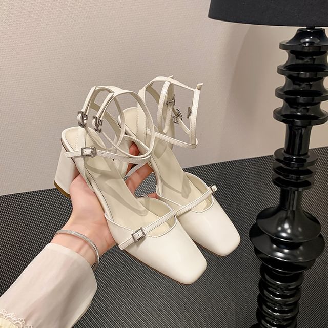 Leather High Square Buckled Plain Sandals Heel Faux Top Chunky Toe